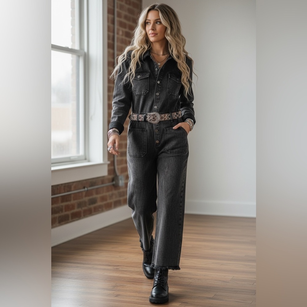 NWT UMGEE Washed Denim Black Frayed Hem Button Down Utility Jumpsuit Coveralls - Picture 3 of 6